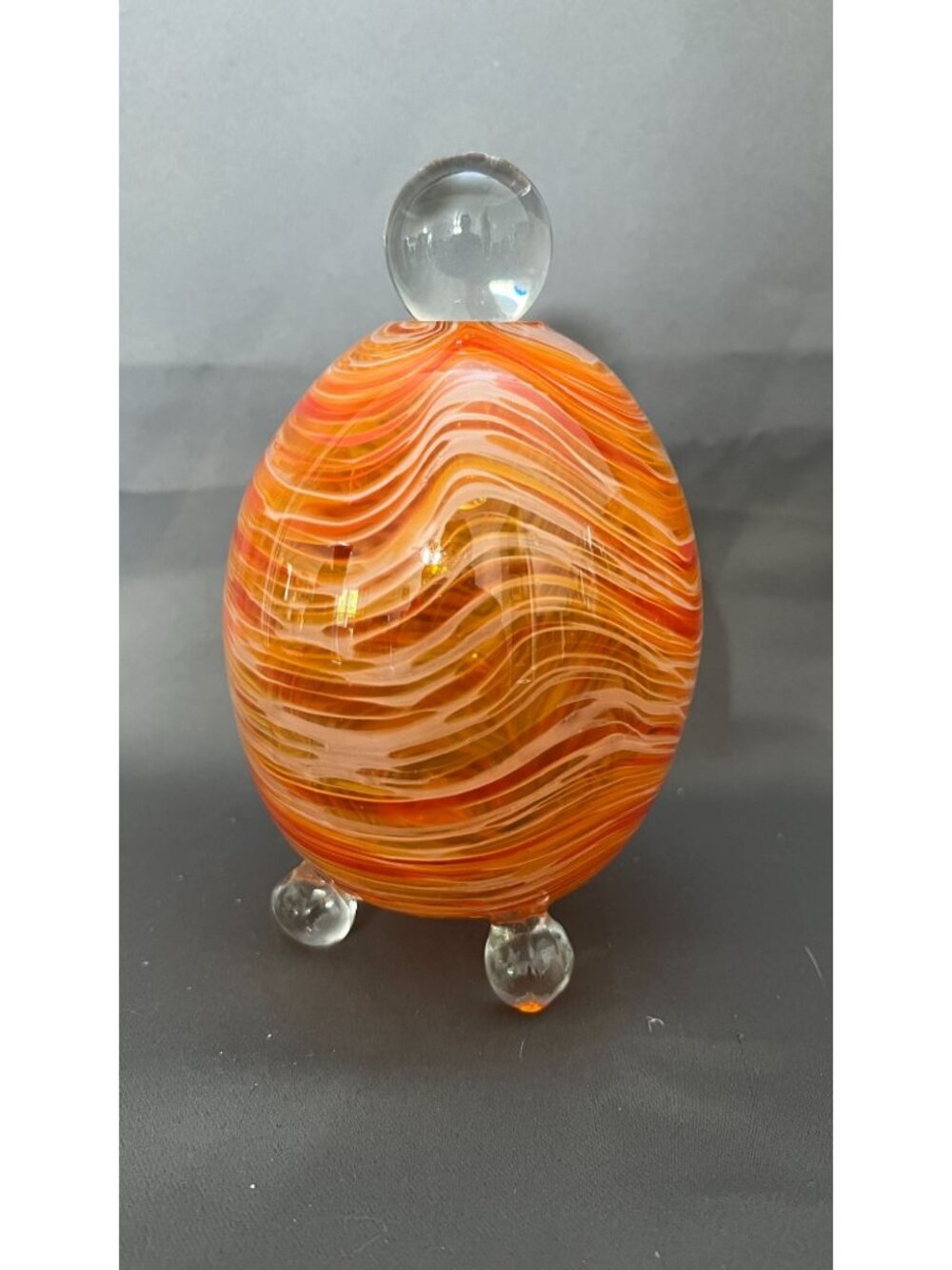 Hand Blown Glass Art Footed Orange Swirl Egg Clear Feet with Stopper